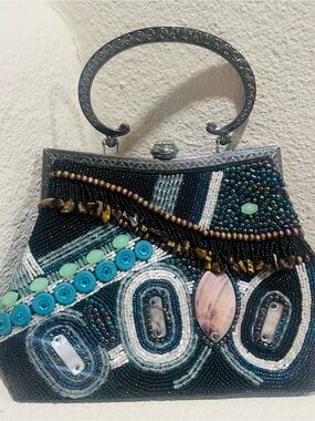 Beaded Black Evening Clutch with Turquoise and Mint Accents